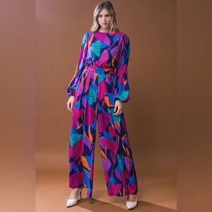 Flying Tomato Wide-Leg Jumpsuit in Purple, Teal & Orange Leaf Print
